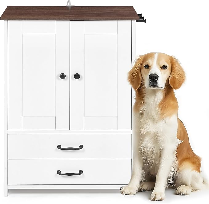 Dog Feeding Station Storage Cabinet: Pet Feeder Container Cabinet with 2 Hidden Raised Dog Bowls Drawers for Feeding & Watering Supplies - Image 8