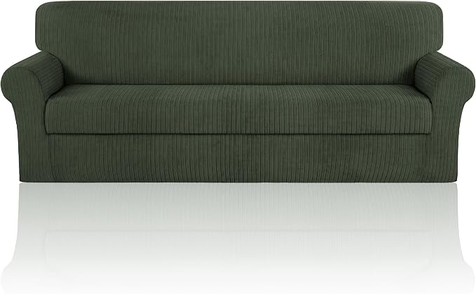 Oversized Sofa Cover Stretching Skid Resistance Couch Cover for Pets Washable, Thick and Durable Soft High Spandex Striped Pattern Sofa Covers (Oversized Sofa, Green) by ChengEase