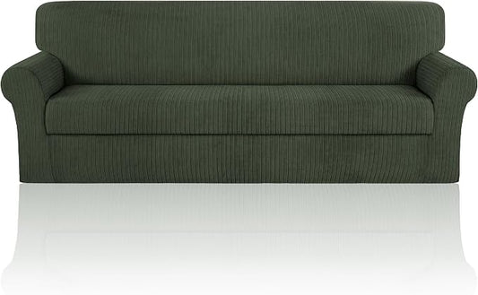 Oversized Sofa Cover Stretching Skid Resistance Couch Cover for Pets Washable, Thick and Durable Soft High Spandex Striped Pattern Sofa Covers (Oversized Sofa, Green) by ChengEase