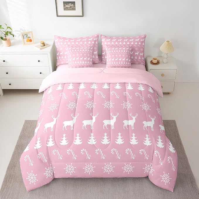 Erosebridal Christmas Queen Bedding Set 7 Piece,Xmas Elk Deer Bed in A Bag,Candy Snowflake Comforter Set Pine Tree Woodland Animals Sheet Set with Comforter,Pink Christmas Decoration - Image 3