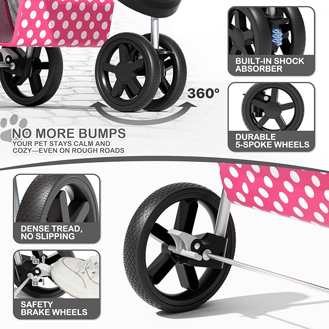 MoNiBloom 3 Wheels Pet Dog Cat Stroller for Small Medium Dogs Cats, Foldable Jogger Stroller w/Storage Basket and Cup Holder, Hot Pink Polka Dots