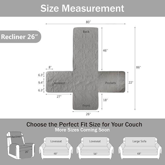 Gray Recliner Chair Covers, Quilted Décor Water-Repellent Medium Lazy Boy Chair Covers, Pet Friendly Recliner Cover for Dogs Cats, Washable Couch Cover (Recliner 26", Cool Gray) - Image 7