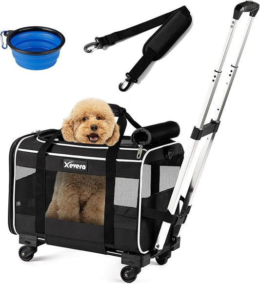 Dog Cat Carrier with Wheels, Rolling Pet Carrier for Cats Dogs 15lbs with Double-Sided Mat, Safety Leash and Shoulder Strap, Black