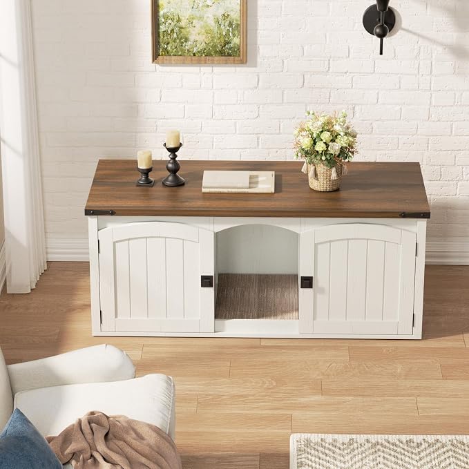 Halitaa Double Cat Litter Box Enclosure, Hidden Litter Box Furniture for 2 Cats, Farmhouse Cat House with Scratch Pad for 2 Litter Boxes, Wooden Enclosed Litter Box Furniture, Entryway Bench, White - Image 9