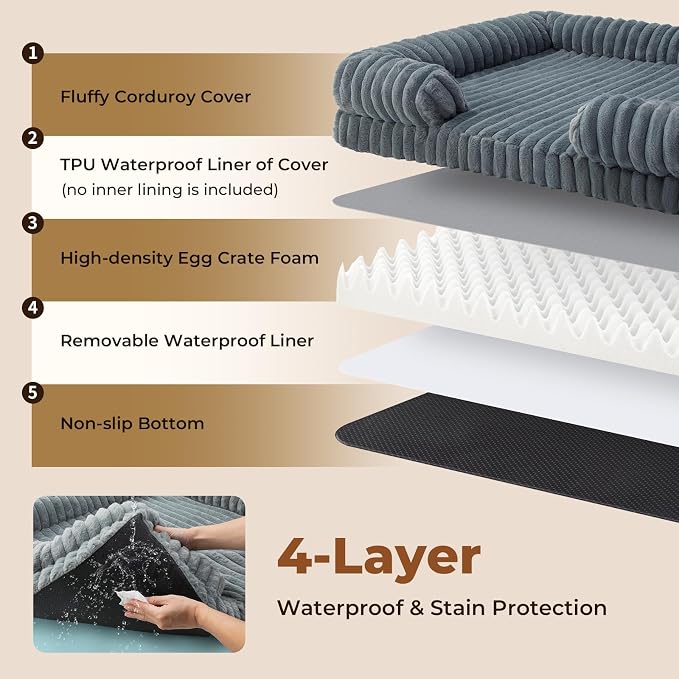 Orthopedic Dog Bed for Large Sized Dog, Washable Waterproof 25D Egg Crate Foam Dog Beds with C-Shape Bolster Support, Large Pet Bed for Senior Dogs with Removable Cover and Non-Slip Bottom - Image 4