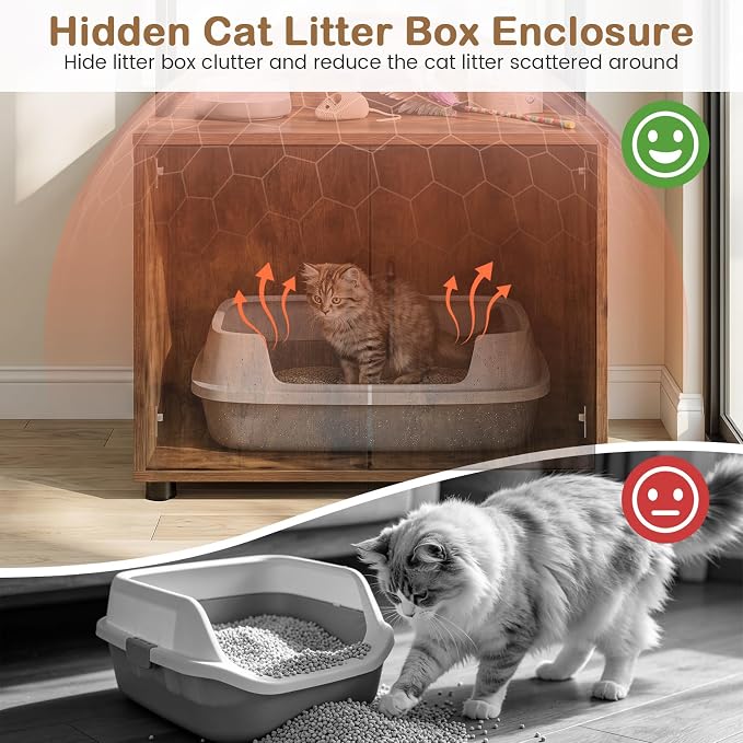 PETSITE Cat Litter Box Furniture with 3 Shelves and Doors, 56 inch Tall Cat Box Enclosure with Display Shelves and Side Entry, Indoor Hidden Litter Box with Decorative Storage Shelving (Rustic Brown) - Image 7