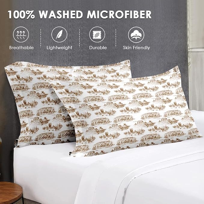 WeCozy Full Size Bed Sheet Sets with Pillowcases, American Desert Cowboy 4 Pcs Soft Microfiber Bedding for Kids and Adults, Western Country Flat, Fitted Sheet for Bedroom Bed Decor - Image 7