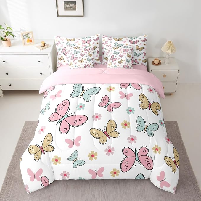 Feelyou Cute Butterfly 7 Piece Bedding Set Kawaii Flower Comforter Set with Sheets for Kids Boys Girls Pink Blue Yellow Bed in a Bag Nutrue Theme Bed Set Soft Lightweight - Image 2