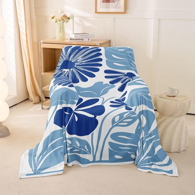Erosebridal Abstract Blue Flower Couch Cover Boho Floral Sofa Cover Retro Vintage Aesthetic Couch Protector for Women Adult Modern Minimalist 70S Washable Non Slip Sofa Slipcover, 71" X 91" - Image 2