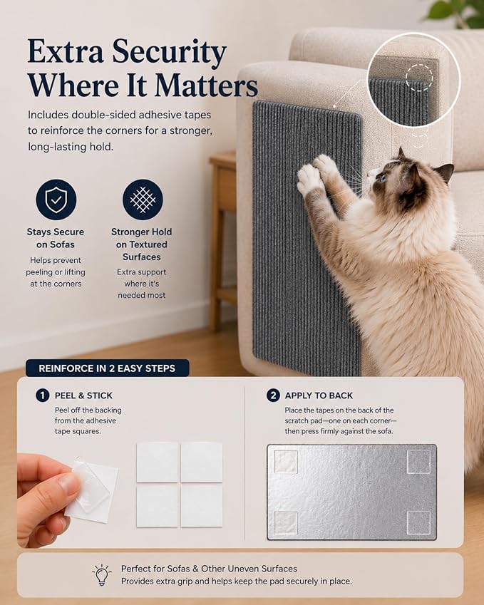 Corner & Wall Cat Scratch Mat (Grey, 23.6''x11.8'', 5-Pack), Self-Adhesive Trimmable Cat Scratcher, Wall Mounted Scratching Pad for Indoor Cats, Sofa Furniture Protector, Cat Post Cover Replacement - Image 5