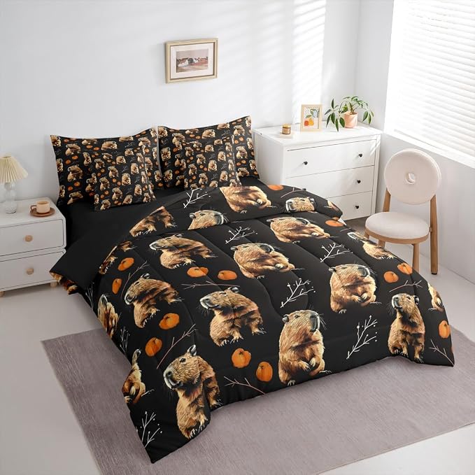 Erosebridal Kids Kawaii Capybara King Size 7-Piece Bedding Set for Capybara Lovers, Cute Animal Bed in A Bag, Peach Printed Comforter Set with Sheets, Cartoon Fruit Bedding Comforter Sets, Black - Image 2