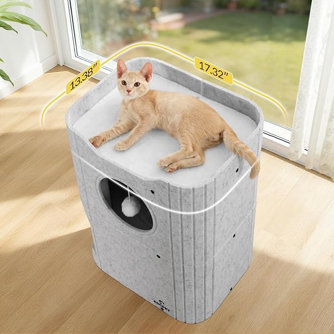 ABCPET Cat House for Indoor Cats, Cat Condo Cat Bed Cave, Felt Cats Hideaway Condo with Resistant Scratching Freedom Kitten Cube & Hanging Ball, Light Gray - Image 7