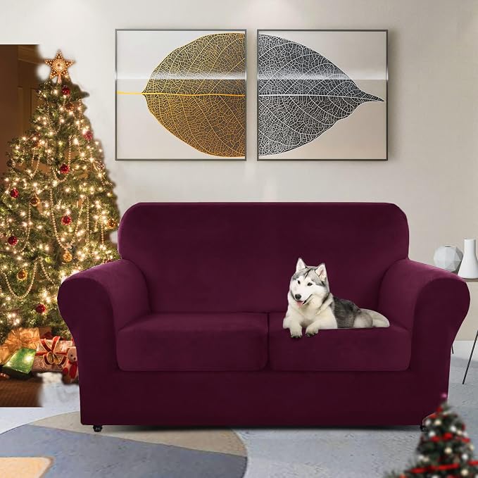 ZNSAYOTX Luxury Velvet Sofa Cover 3 Piece (57"-70") Stretch Loveseat Covers for 2 Cushion Couch Thick Soft Couch Slipcover with Non Slip Strap, Dog Pet Friendly Nice Furniture Protector (Wine Red) - Image 2