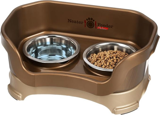 Neater Pet Brands Neater Feeder Deluxe Mess Proof Cat Bowls Elevated, Made in USA, No Spill Raised Bowls for Indoor Cats, Stainless Steel Food and Water Bowl Set, Pet Dish Feeding Station, Bronze by NeaterPetBrands
