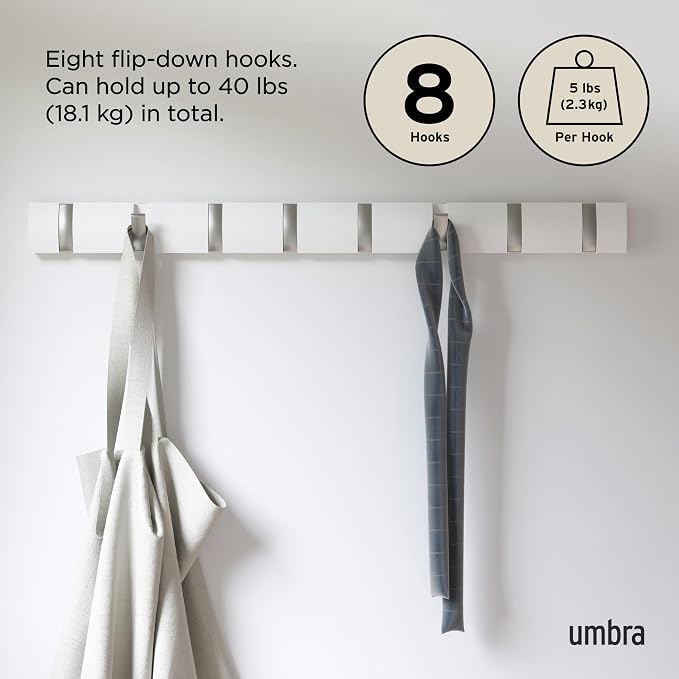Umbra Flip Coat Rack, Wall Mount 8-Hook, Space Saving, White | Real wood and steel build, retractable hooks fold flat, holds coats bags and scarves, easy install - Image 5