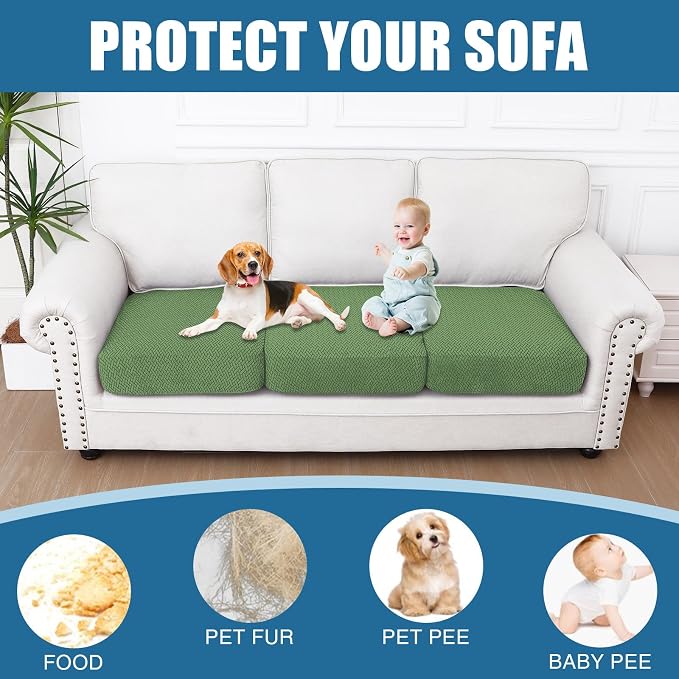 Smiry Waterproof Couch Cushion Covers, Non Slip Seat Cushion Covers | Stretch Jacquard Sectional Sofa Slipcover, Washable Elastic Furniture Protector for Pets, Kid, 3 Pieces, Grass Green - Image 5