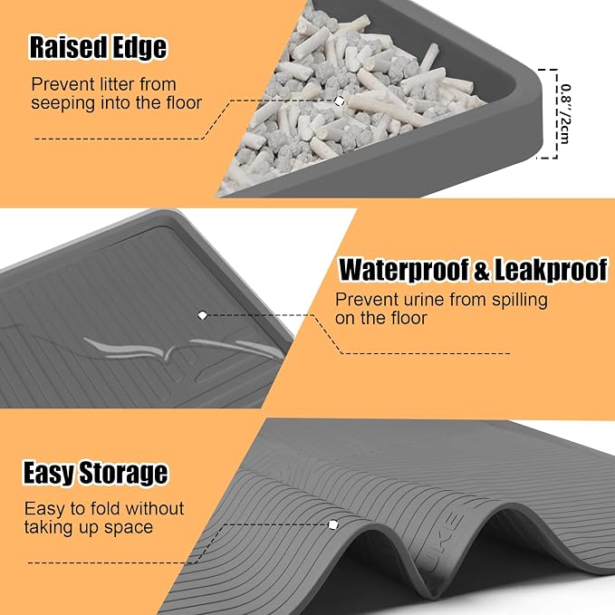 Silicone Cat Litter Mat 50" x 36" Cat Mat for Litter Box, Dark Grey | Extra Large Cat Litter Trapping Mat for Floor, Waterproof, Non-Slip Kitty Litter Box Mat with Raised Edge, Easy to Clean - Image 6