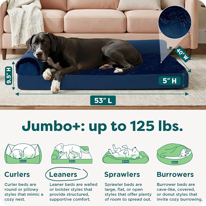 Furhaven Orthopedic Dog Bed for Large Dogs w/ Removable Bolsters & Washable Cover, For Dogs Up to 125 lbs - Plush & Velvet L Shaped Chaise - Deep Sapphire, Jumbo Plus/XXL - Image 3