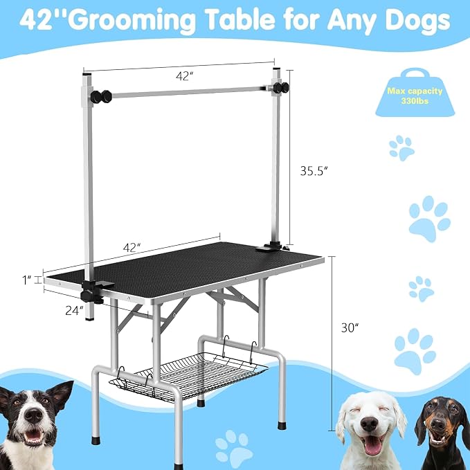 Lyromix 42'' Foldable Dog Grooming Table with Arms/Nooses/Mesh Tray, Black | Stainless Steel Grooming Table for Dogs at Home, Adjustable Pet Bathing Station, Non-Slip Waterproof Tabletop, Capacity 330Lb - Image 6