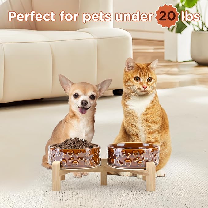 SPUNKYJUNKY Elevated Dog Bowls Ceramic, 5.1'' Dogs and Cat Food Water Bowls Raised with Non-Slip Bamboo Stand for Puppy Small Sized Breed Microwave Dishwasher Safe - 13.5 OZ,Skull Bronze - Image 7
