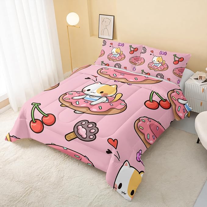 QOOMO Kawaii Cat Comforter Twin Size,Doughnut Cherry Cat Comforter Set for Kids Teens Girls,3Pcs Bedding Set Printed Comforter with 2 Pillowcases,Soft and Lightweight(Pink，Twin Size) - Image 3