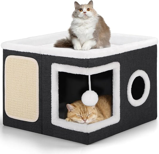 Shikha Cat House Bed for Indoor Cats with Fluffy Ball and Scratch Pad Black | Foldable Large Cat Cave Hideaway with Cozy Condo, Hide and Seek Window, Holds Up to 30LBS, All Season Reversible Cushion by Shikha