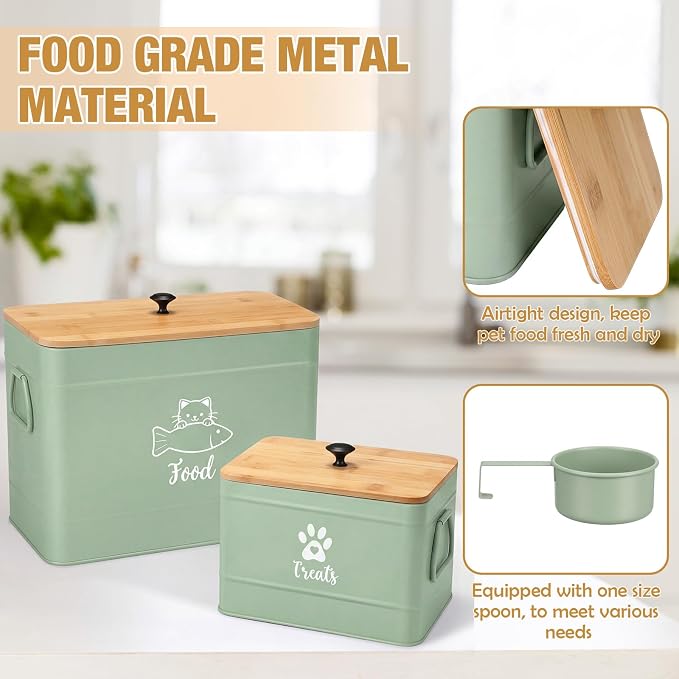 Reallnaive 2 Pcs Large Metal Cat Food Storage Containers 12+3.5 Lbs Decorative Pet Treat Snack Jars Airtight Bamboo Lids & Dry Food Scoop for Farmhouse Kitchen Counter Decor, Pet Owner Gifts(Green) - Image 3
