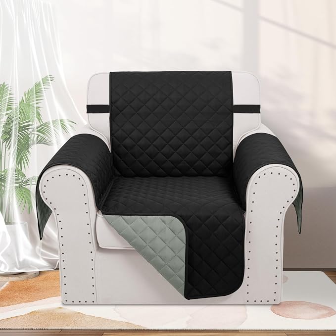 Reversible Recliner Chair Covers, 23" Chair, Black/Grey | Chair Covers for Living Room with Elastic Straps, Water Repellent, Chair Protectors Covers for Dogs - Image 2