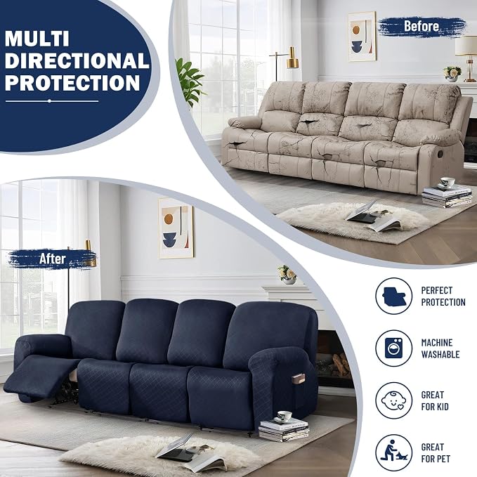 vctops Diamond Recliner Sofa Covers 10-Pieces Stretch Large RV Couch Covers for 4 Seats Reclining Slipcovers Soft Solid Furniture Protector (Navy,4 Seat) - Image 5