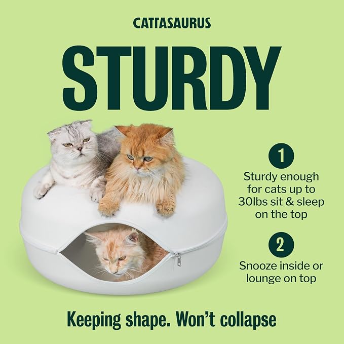 Cattasaurus Peekaboo Cat Cave Donut for Multiple & Large Cats up to 30-45 lbs, 3-in-1 Self Warming Cat Bed, Tunnel & Scratcher for Indoor Cats, Washable & Detachable Small Dog Bed (White, Large) - Image 3