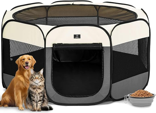 Portable Indoor Dog Playpen for Small Dogs & Puppies by A 4 Pet – 50.39" Pop-Up Soft Puppy Playpens with Bowl, Waterproof Floor, Calm Safe Space for Home, Travel & Daily Use