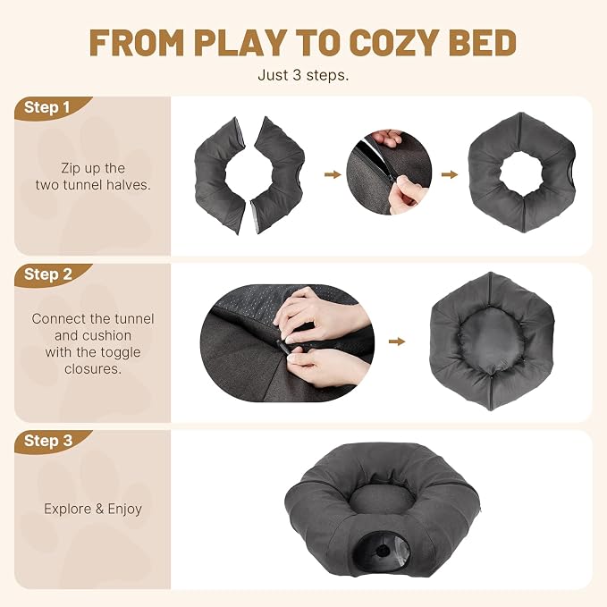 Cat Tunnel Bed for Indoor Cats, Cooling Natural Linen Cat Tunnel, Breathable 29.5in Kitten Toys Cat Tunnel with Washable Mat, Round Pet Tunnel for Kittens, Squirrels Dark Grey - Image 7