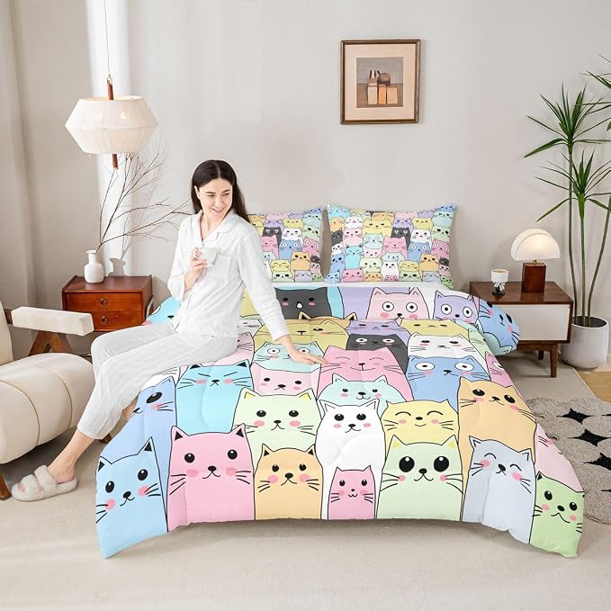 Feelyou Cat Comforter Set Full Size for Girls Kids Cute Colorful Cat Bedding Cartoon Theme Children Room Decor Kawaii Kitten Ultra Soft Microfiber Bed Sets 3 Piece - Image 4