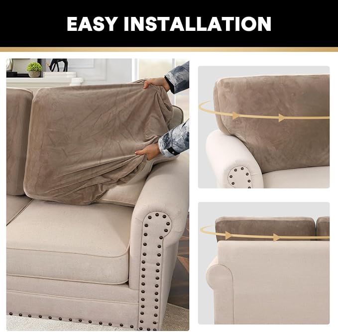 PrinceDeco Sectional Couch Covers Velvet Cushion Covers for Sectional Couch Cushion Covers for Sectional Sofa Separate Sectional Sofa Slipcovers Washable(1 Chaise Back+ 2 Sofa Back,Taupe) - Image 6