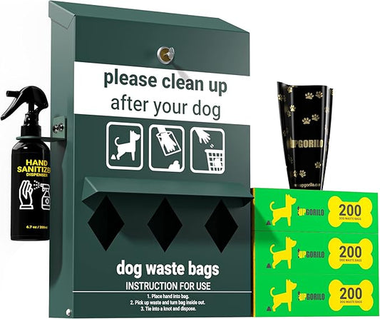 Original Glow in the Dark Dog Poop Station Outdoor - Triple Storage Pet Waste Station with Lock and Rain Guard - 600 Dog Poop Bags Included by UPGORILO