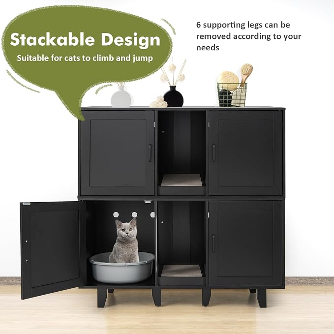 Tangkula Patented Double Cat Litter Box Enclosure for 2 Cats, Large Hidden Privacy Cat Washroom Cabinet with Scratching Board, Indoor Cat House TV Stand Side Table, Litter Box Furniture (Black) - Image 9
