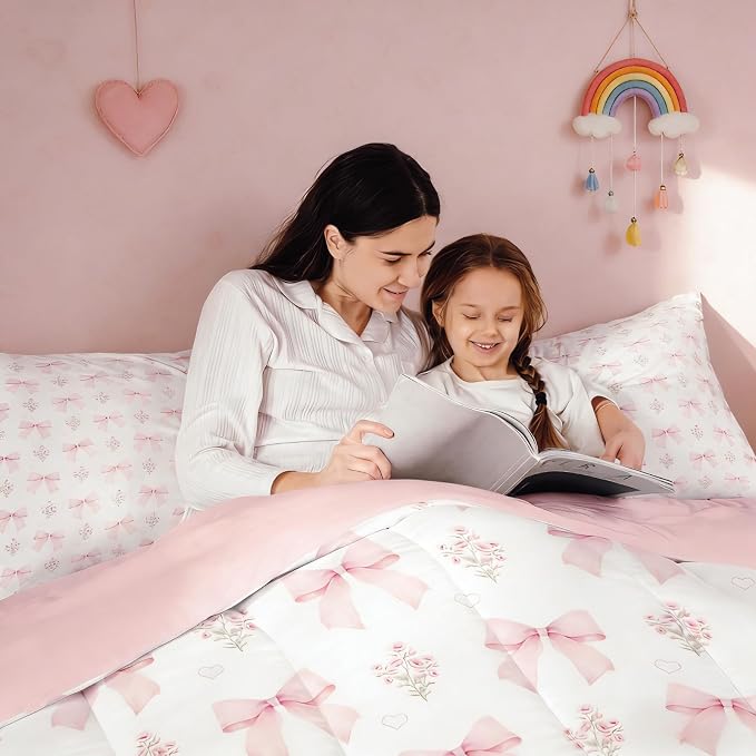 Erosebridal 7 Piece Bow Pink Comforter Set Queen Bed in a Bag for Girls Kids,Girly Pink Floral Coquette Bedding Sets Cute Bowknot Ribbon Heart Quilt Dreamy Princess Style Bow Sheets with Comforter - Image 4