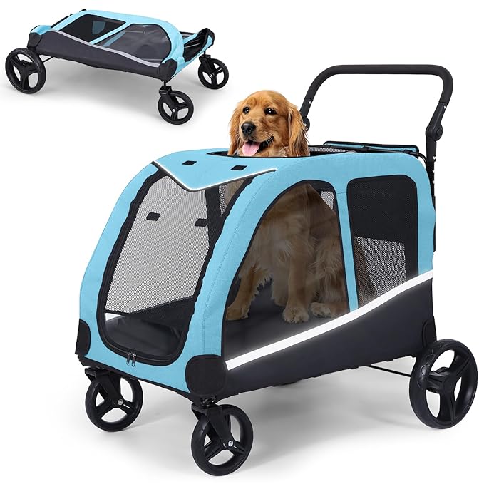 Dog Stroller for Large Dogs, Extra Large Pet Stroller for Medium Dogs, Dog Wagon Carriage, Foldable Design, Adjustable Handle, with Pocket, Up to 130 lbs, Blue