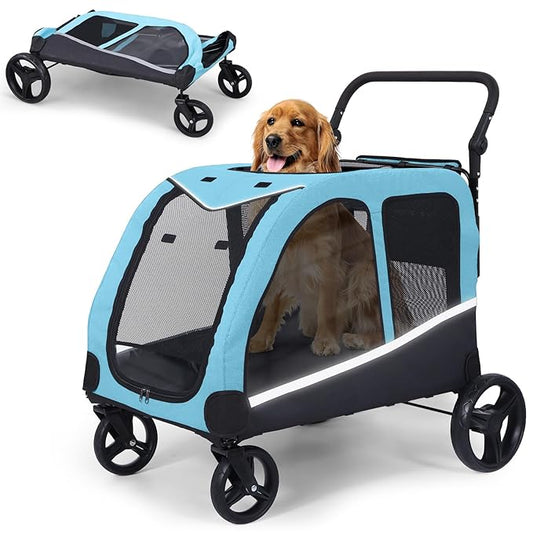Dog Stroller for Large Dogs, Extra Large Pet Stroller for Medium Dogs, Dog Wagon Carriage, Foldable Design, Adjustable Handle, with Pocket, Up to 130 lbs, Blue