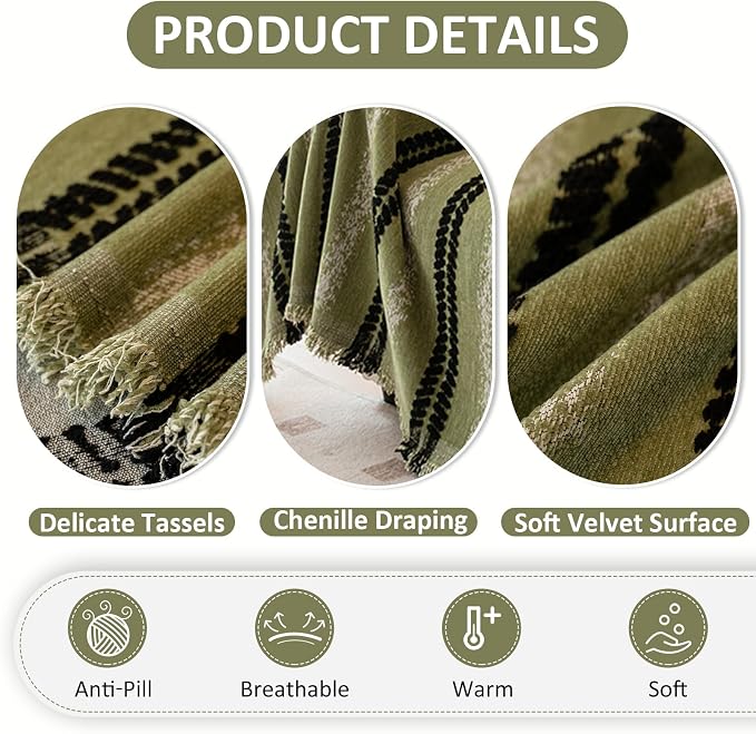 VClife Chenille Sofa Cover Bohemian Striped Pattern Couch Cover for Oversized Sofa - Sage Green Black Textured Sofa Slipcover Washable Furniture Protector for Couch Decorative Couch Cushion Cover - Image 4