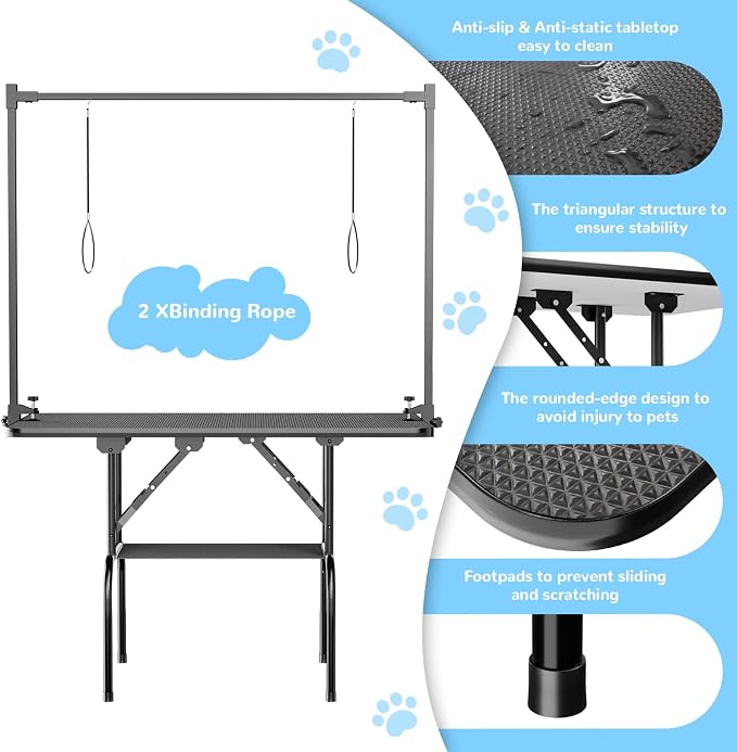 36-Inch Dog Grooming Table, Foldable Pet Grooming Table with Adjustable Arm, Noose & Mesh Tray, Non-Slip Waterproof Surface, Supports Up to 320 lbs - Image 3