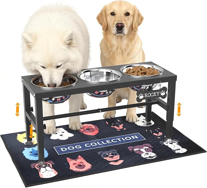 3-in-1 Elevated Dog Feeder with 3 Stainless Steel Bowls, Heavy Iron Stand, Custom Name Plate, Non-Slip Mat - Easy Clean for Multiple Dogs by ADENGL