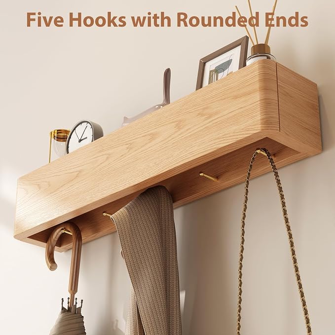CycleCrew Solid Wood Wall Mounted Coat Rack with Shelf Hooks - Modern Floating Shelves with 5 Hidden Hooks, Heavy Duty Entryway Coat Key Holder Hanger for Hallway Bathroom Bedroom Home Decor - Image 2