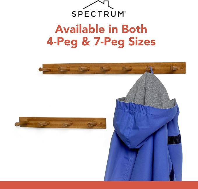 Spectrum 7 Peg Wall Mount Peg Rack Wooden Storage Organizer for Coats Hats Purses Towels, Includes Mounting Hardware and Decorative Plugs, Tie Rack Hanger Belt Holder Closet Accessory, Bamboo Color - Image 4