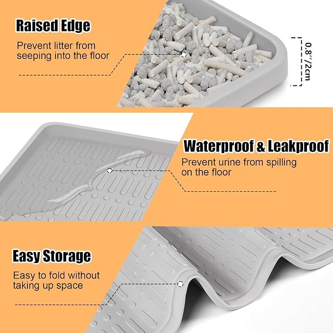 Silicone Cat Litter Mat 47" x 35" Cat Mat for Litter Box, Light Grey | Extra Large Cat Litter Trapping Mat for Floor, Waterproof, Non-Slip Kitty Litter Box Mat with Raised Edge, Easy to Clean - Image 6