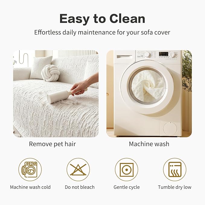 DREAMINGO Bubble Textured Cooling Sofa Cover, Ice Silk Breathable Couch Cover Blanket for Pet & Hot Sleepers, Washable Furniture Protector for 3 Cushion Couch, Cream White, X-Large 71"x134" - Image 6