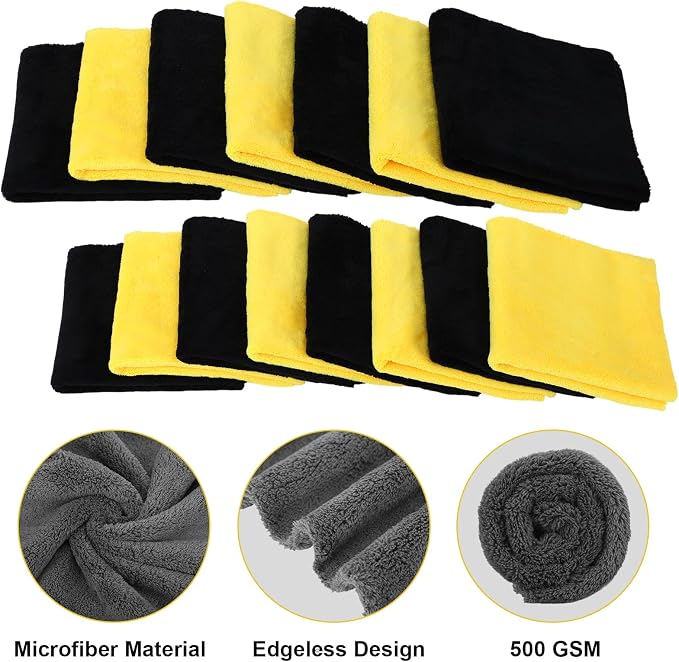 Shimeyao 30 Pcs 16 x 16 Inch Edgeless Microfiber Plush Towels for Cars Detailing Drying Wash Polishing Absorbent Cleaning Cloths, 500 GSM (Black, Yellow) - Image 3