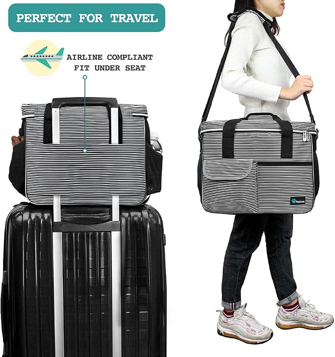 PetAmi Dog Travel Bag Organizer, Pet Travel Kit with 2 Food Containers & 2 Collapsible Dog Bowls, Pet Supplies Tote with Luggage Sleeve, Weekend Road Trip Camping Essentials, Stripe Black, Medium - Image 5