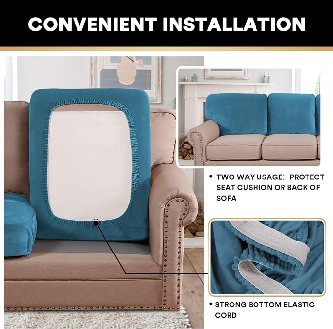 PrinceDeco Couch Cushion Covers, Stretch Washable Sofa Cushion Cover, Fitted Sofa Slipcover Velvet Fabric Non-Slip Furniture Protector for Dog,Pets, Kid (Each Width Up to 29.5", Blue) - Image 5