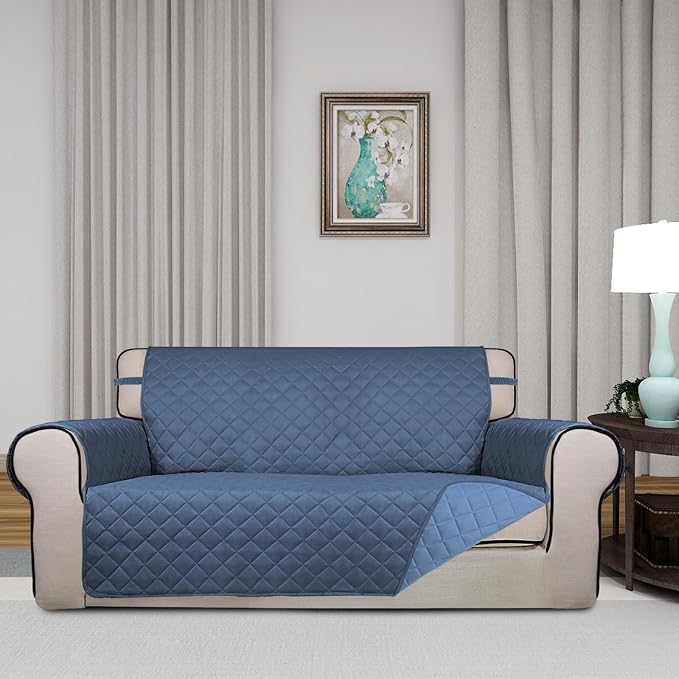 PureFit Reversible Quilted Couch Covers for Dogs Loveseat Sofa Cover 54" | Dark Blue/Light Blue, Water Resistant Couch Protector, Washable Pet Couch Cover with Non Slip and Elastic Straps For Kids - Image 2